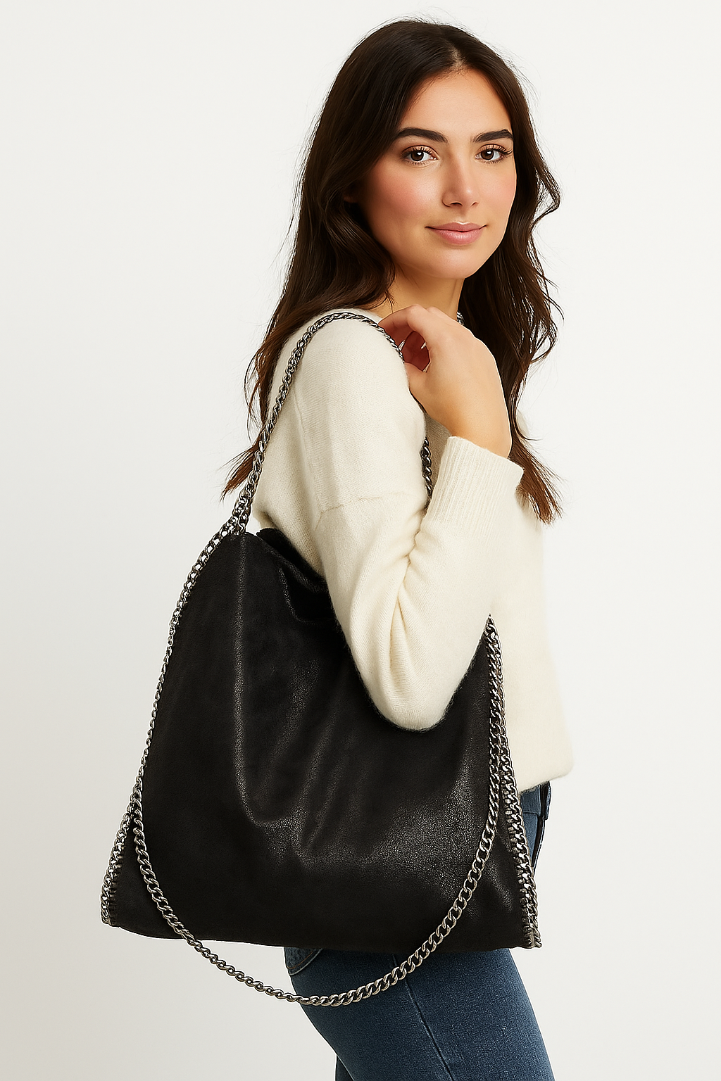 Chain Strap Shoulder Bag | Black Bucket Style with Zip Closure