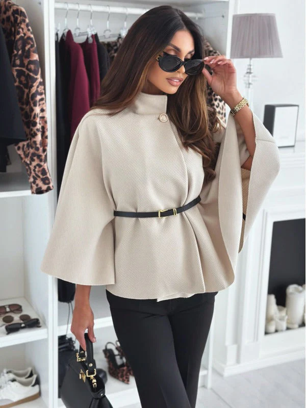 Cape Coat with Elevated Neck and Belted Waist for Women