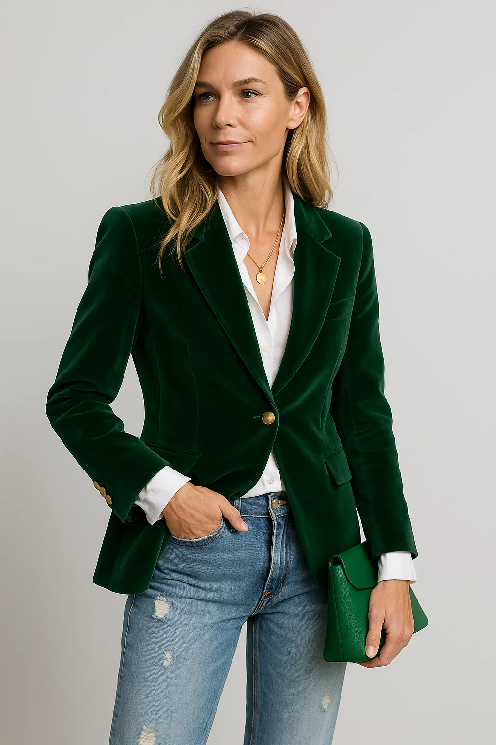 Women’s Emerald Blazer with Gold-Tone Buttons and Structured Fit
