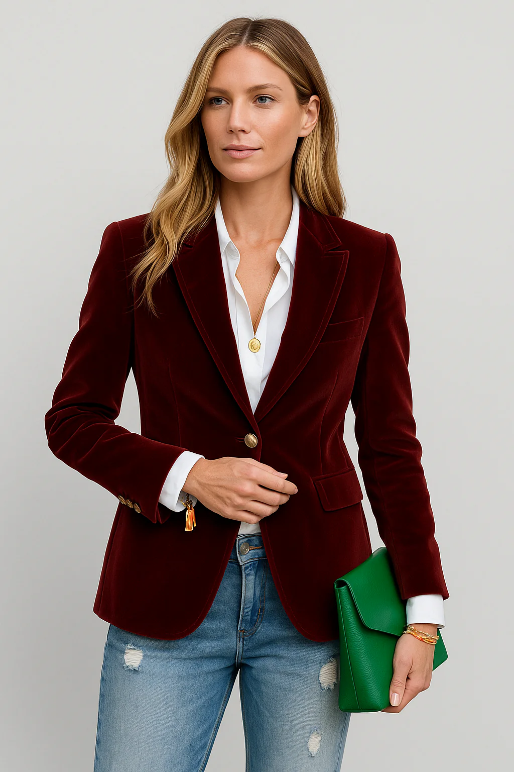 Women’s Emerald Blazer with Gold-Tone Buttons and Structured Fit