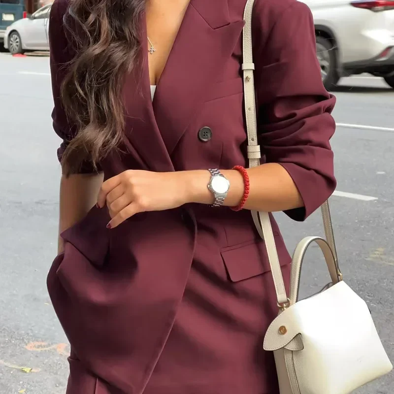 Women’s Burgundy Blazer Jacket with Lapel Collar and Button Front