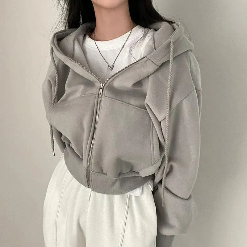 Women’s Oversized Cropped Zip-Up Hoodie with Pockets