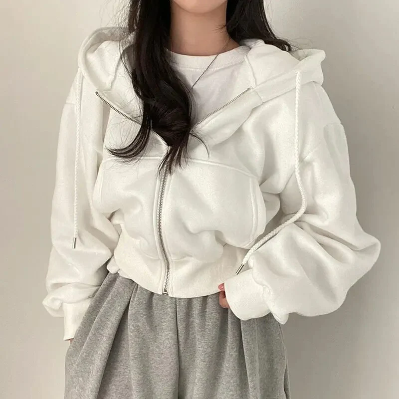 Women’s Oversized Cropped Zip-Up Hoodie with Pockets