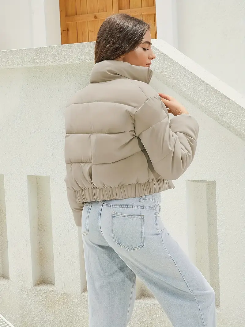 Women’s Short Puffer Bomber Jacket with Zip Front and Elastic Hem