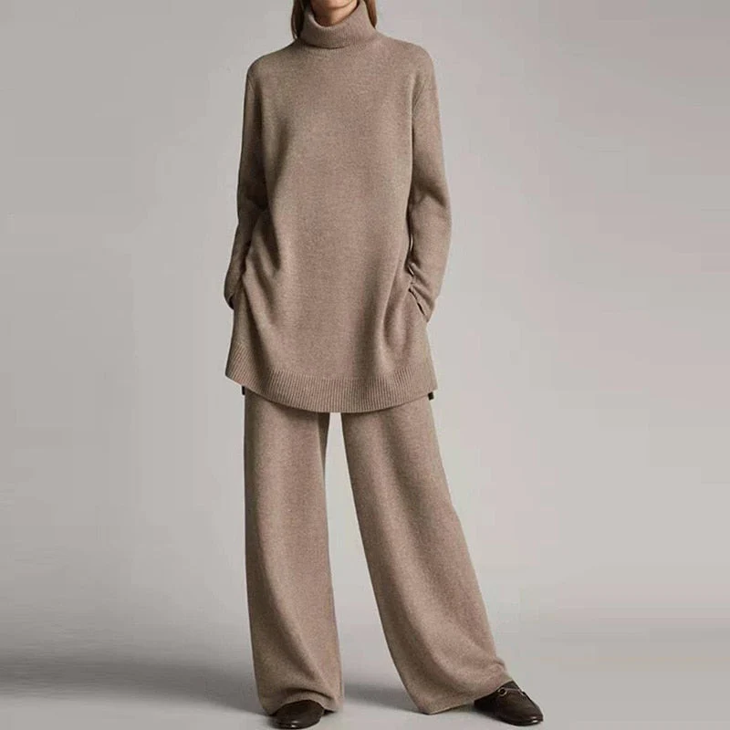 Turtleneck Loungewear Set with Wide-Leg Pants for Women