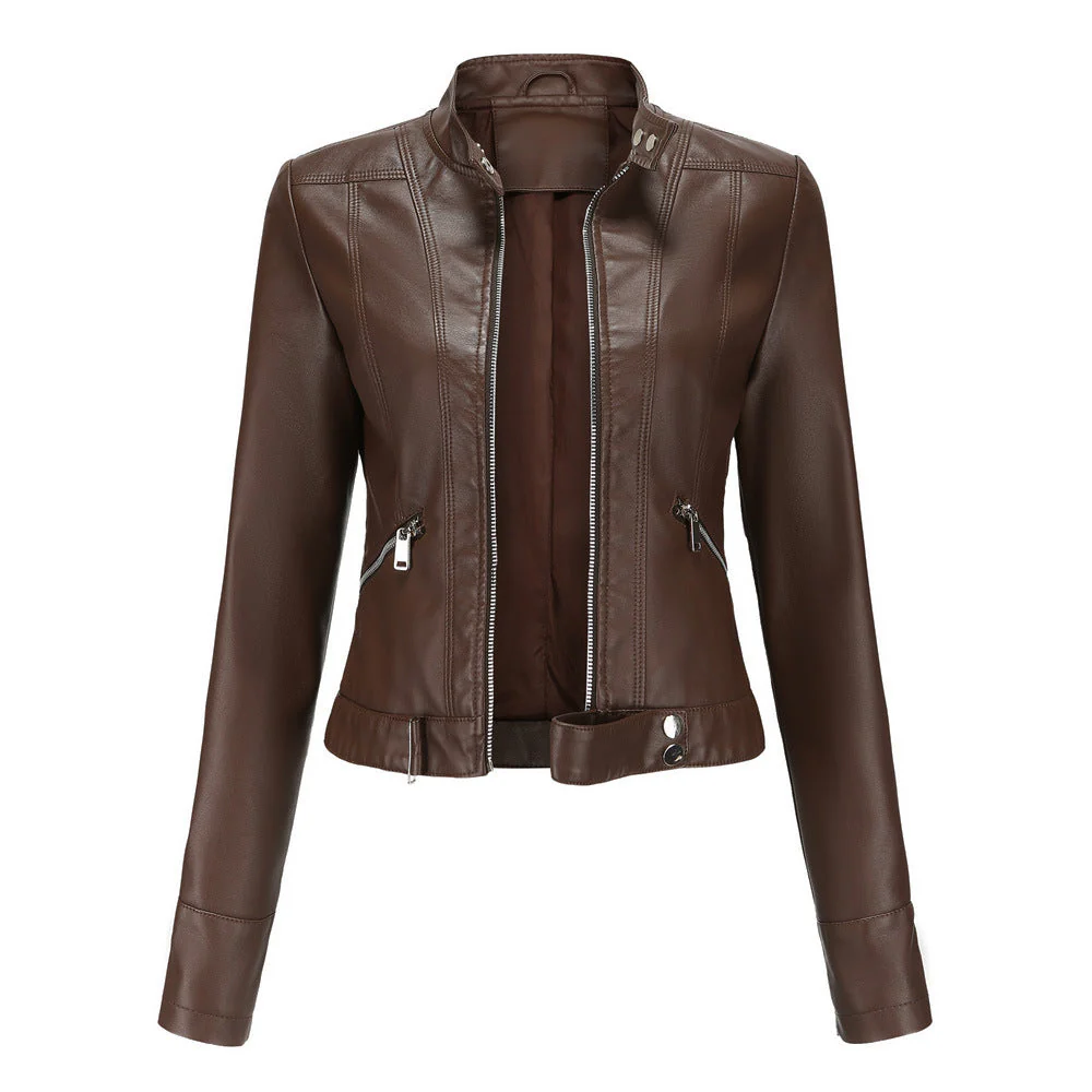 Women’s Moto-Style Jacket with Zip Closure, Stand Collar, and Belt