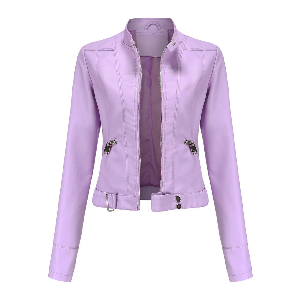 Women’s Moto-Style Jacket with Zip Closure, Stand Collar, and Belt
