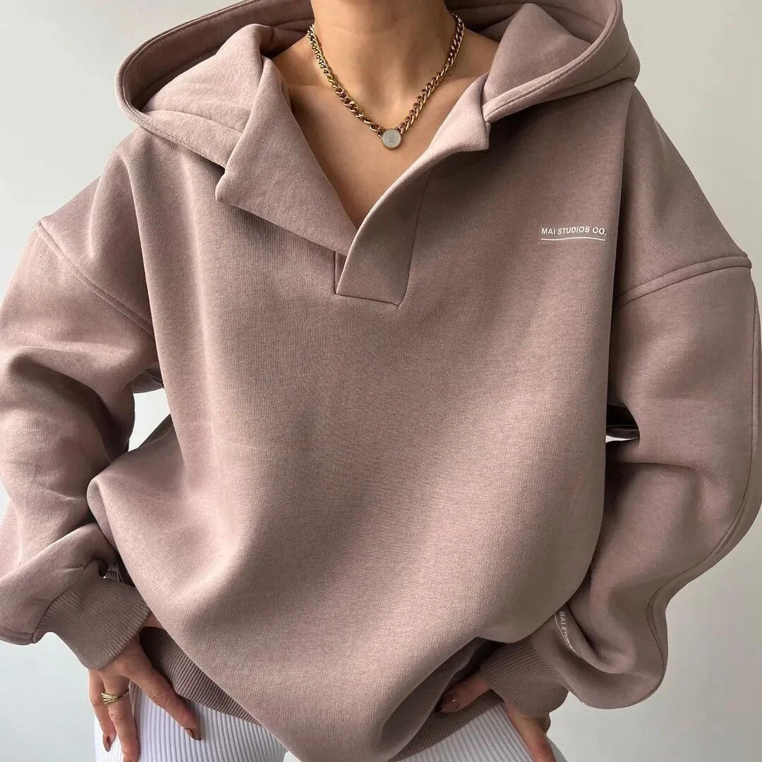 Women’s Oversized Pullover Hoodie with Open V-Neck Collar
