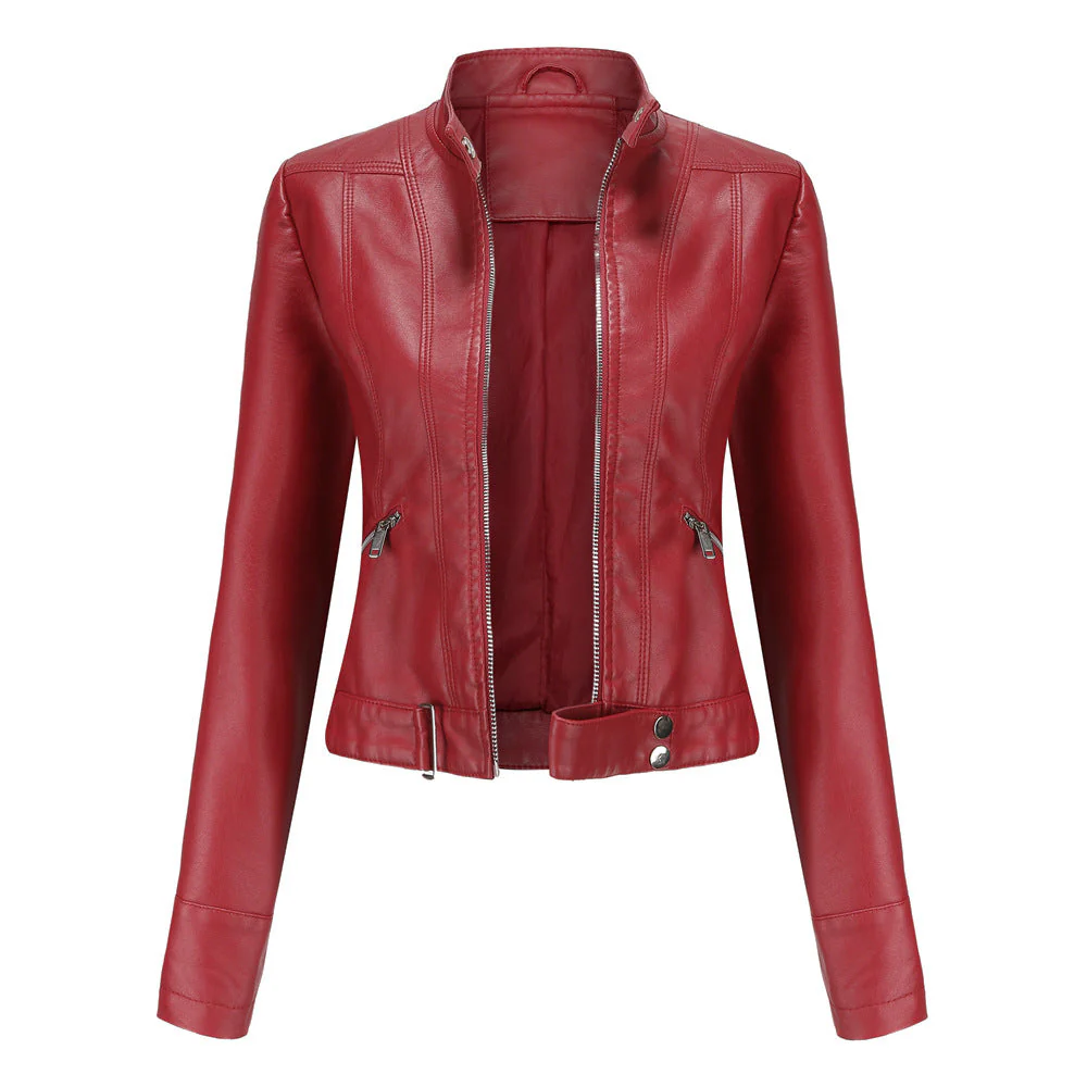 Women’s Moto-Style Jacket with Zip Closure, Stand Collar, and Belt