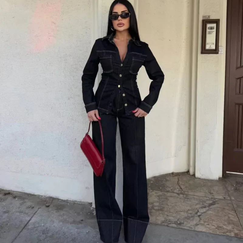 Women’s Black Two-Piece Set with Long Sleeve Shirt and Flared Trousers