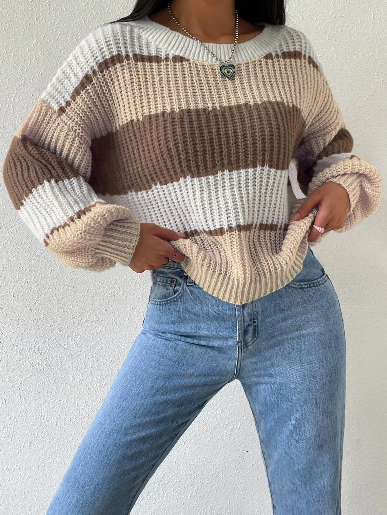 Women’s Striped Knit Jumper with Crew Neck and Long Sleeves