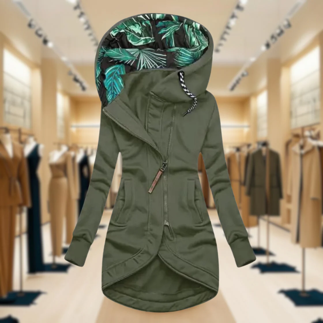 Women’s Rain Jacket with Hood and Asymmetric Zip