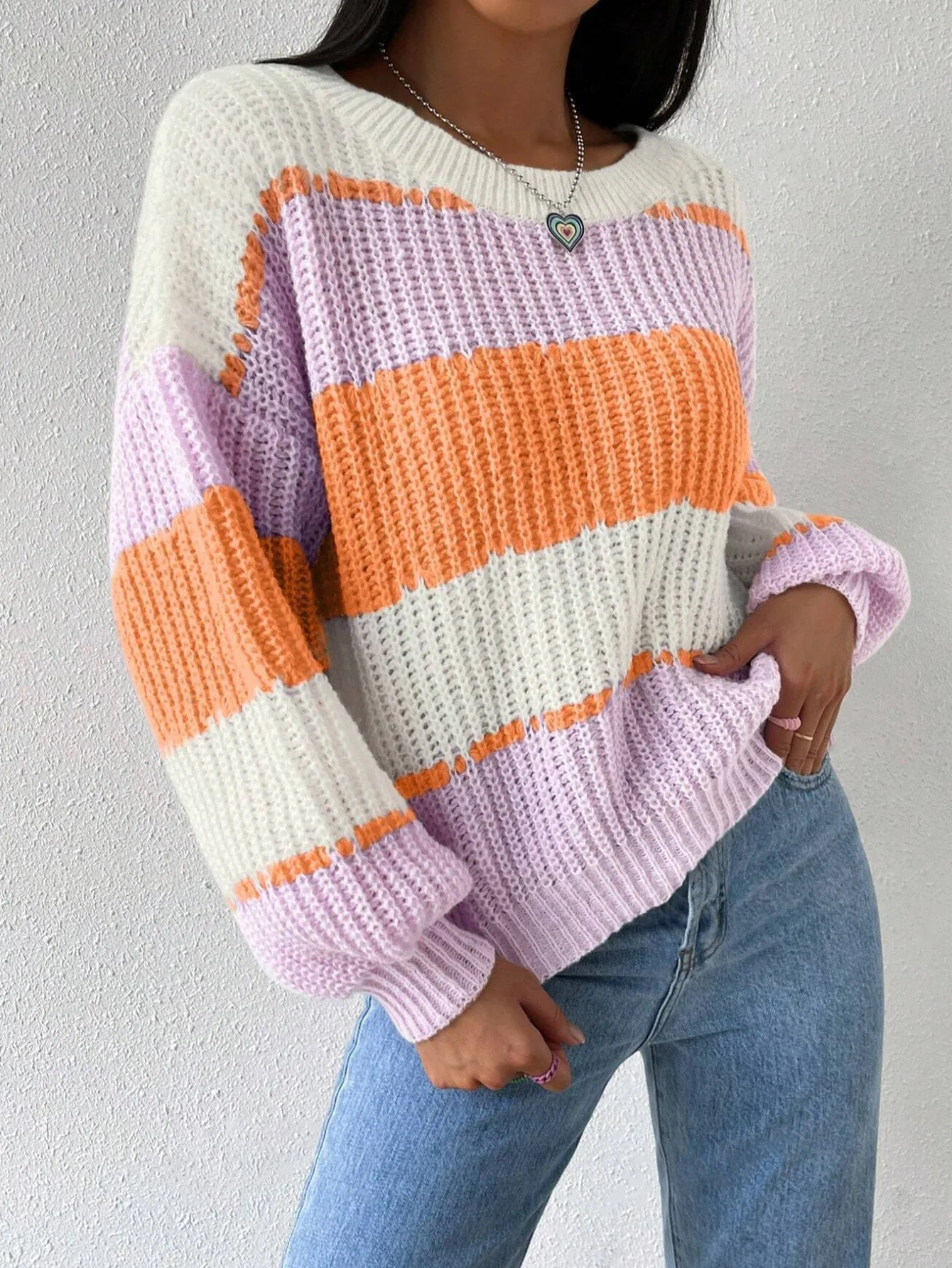 Women’s Striped Knit Jumper with Crew Neck and Long Sleeves