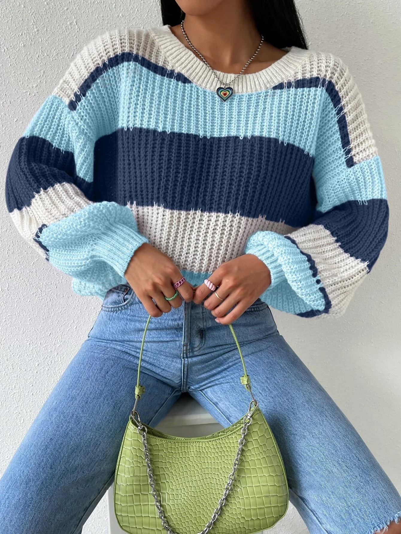 Women’s Striped Knit Jumper with Crew Neck and Long Sleeves