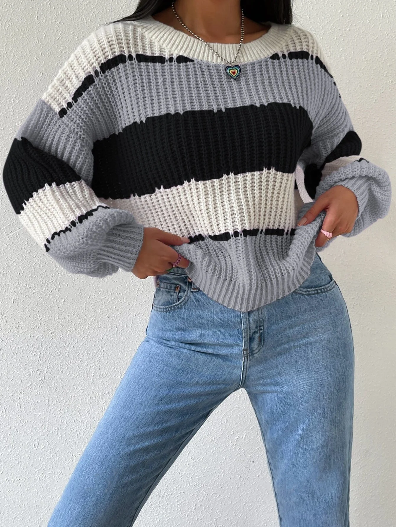 Women’s Striped Knit Jumper with Crew Neck and Long Sleeves