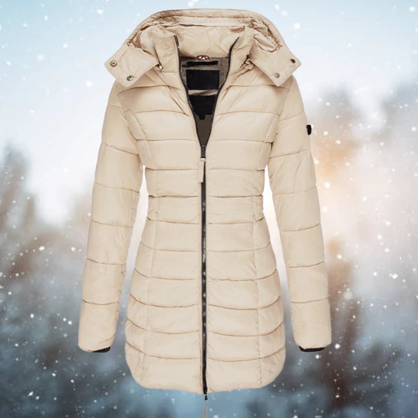 Women’s Puffer Winter Jacket with Hood and Full-Length Zip