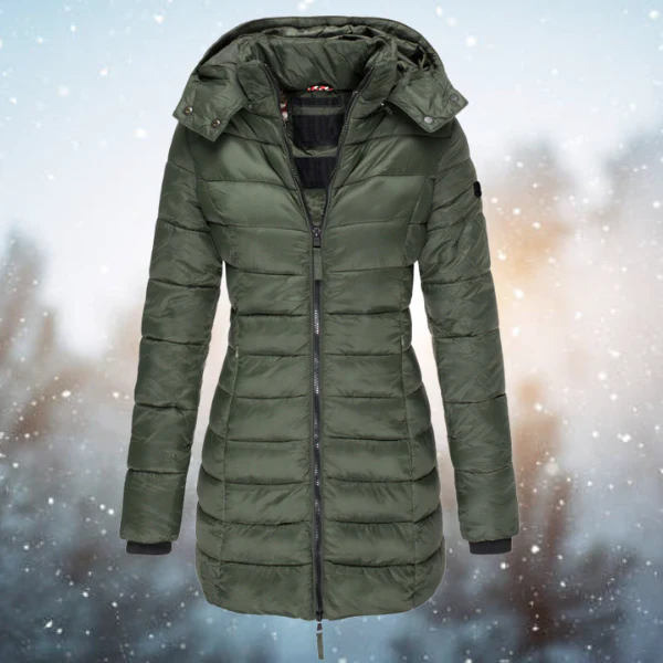 Women’s Puffer Winter Jacket with Hood and Full-Length Zip