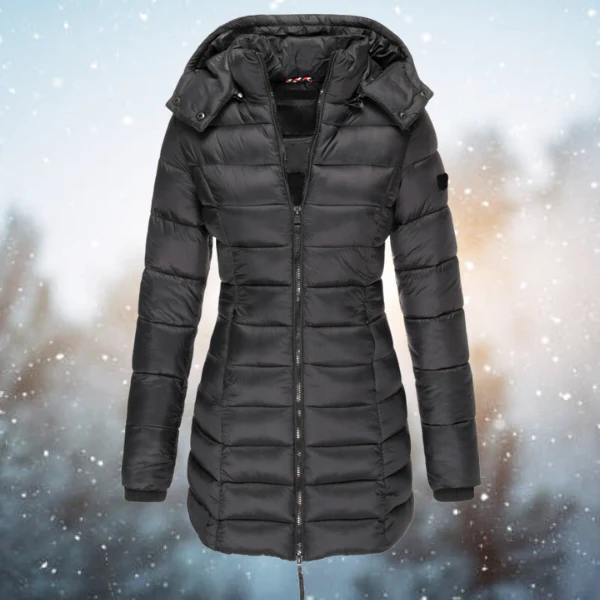 Women’s Puffer Winter Jacket with Hood and Full-Length Zip