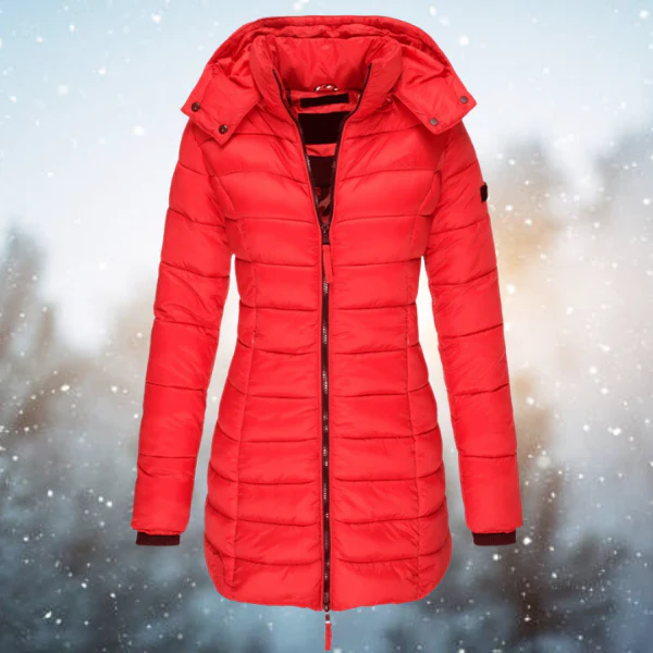 Women’s Puffer Winter Jacket with Hood and Full-Length Zip