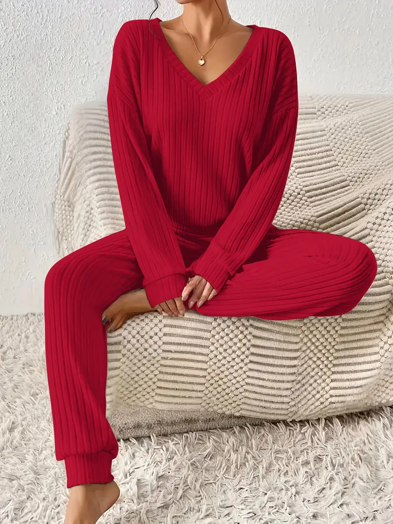 Women’s 2-Piece Loungewear Set with Ribbed Long Sleeve Top and Pants