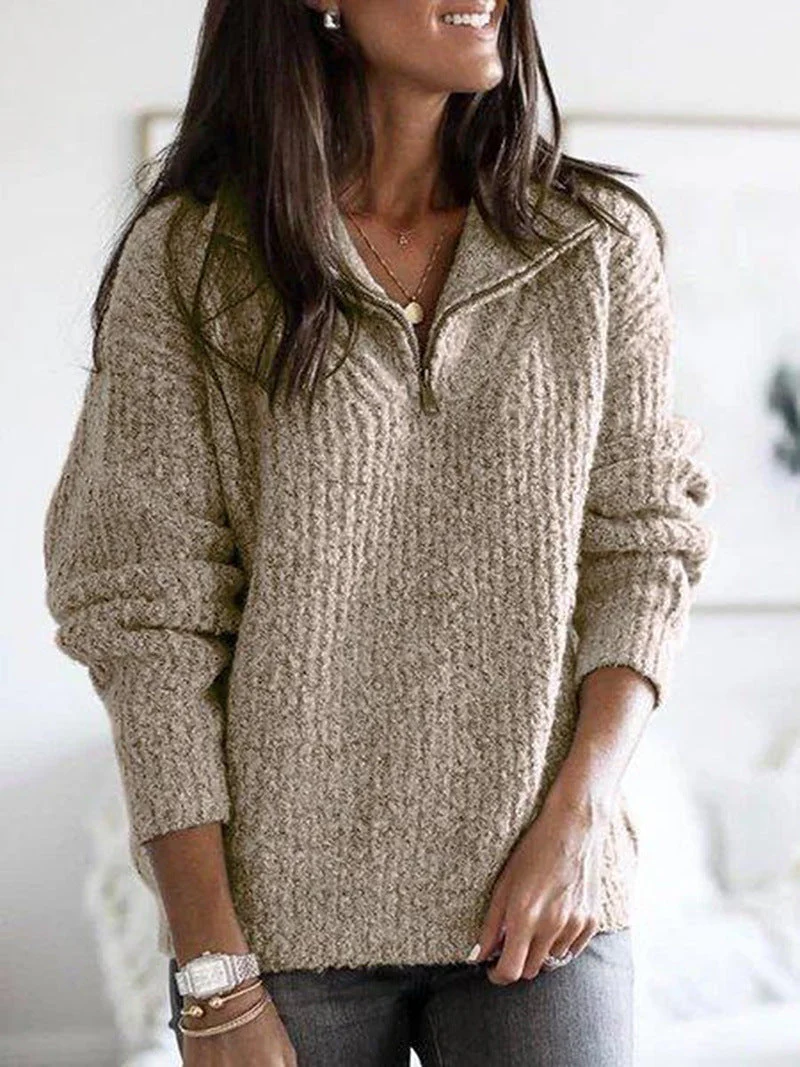 Women’s Half Zip Jumper with Textured Knit and Stand Collar