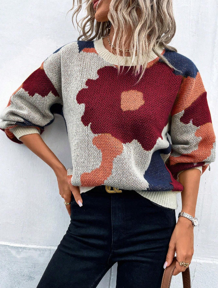 Women’s Patterned Knit Jumper with Round Neck and Balloon Sleeves