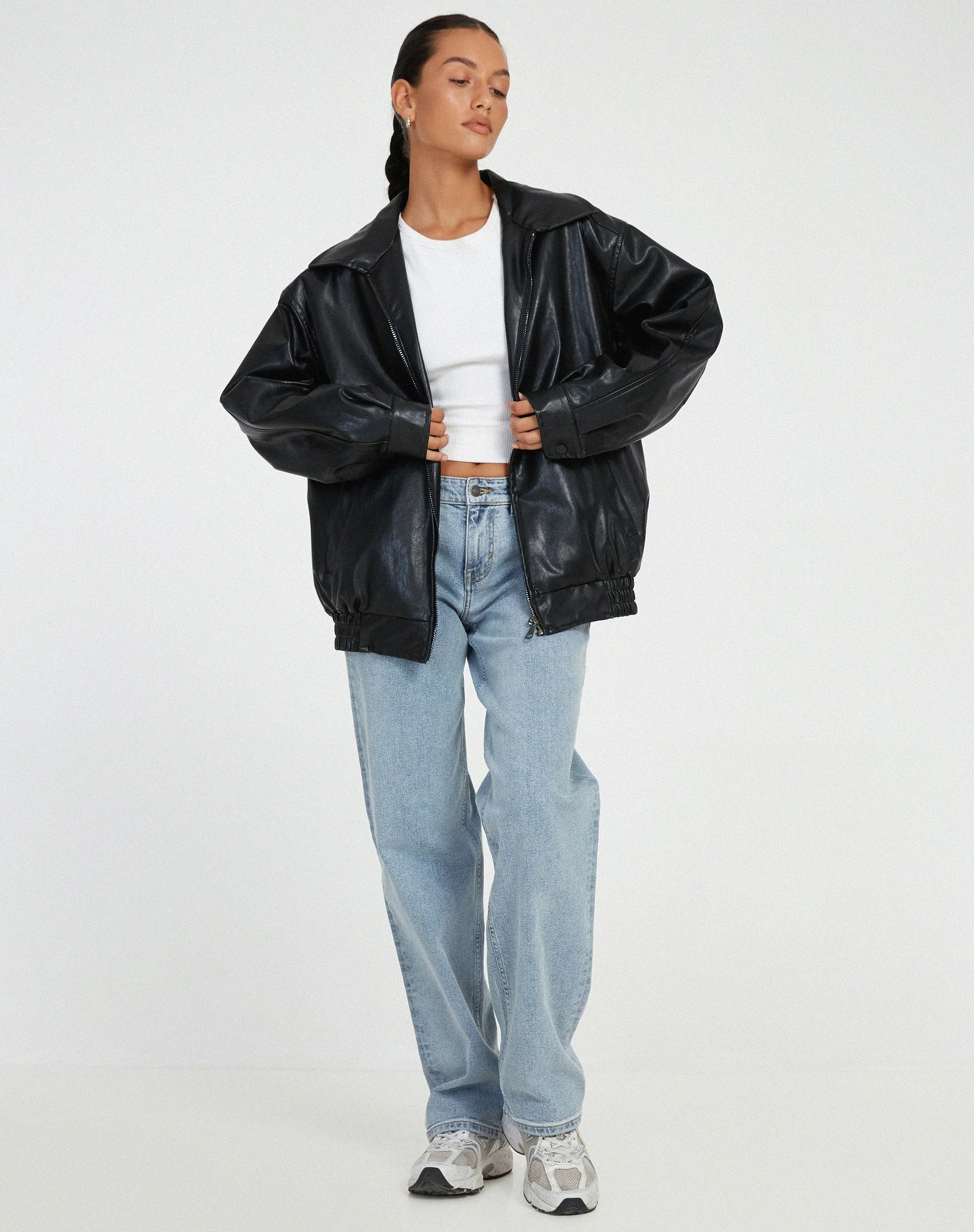 Women’s Zip-Up Biker Jacket with Relaxed Fit and Stand Collar