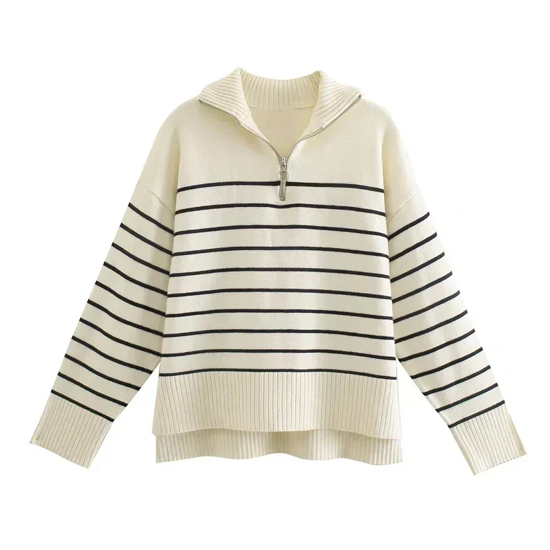 Striped Half-Zip Knit Sweater for Women