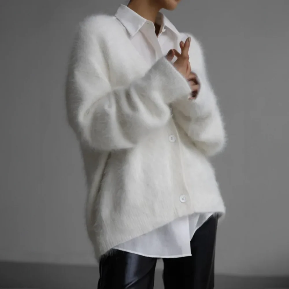 Button Front Fluffy Cardigan for Women