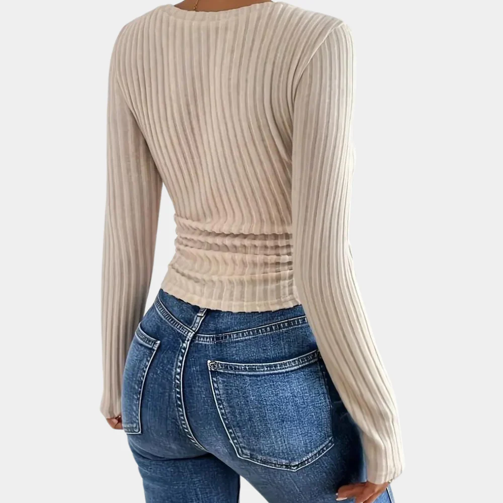 Women's Ribbed Slim-Fit Long Sleeve Top with V-Neck