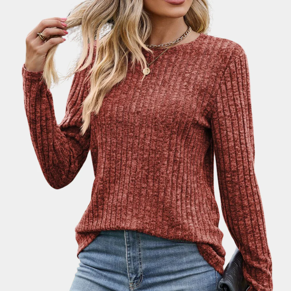Women's Ribbed Long Sleeve Top with Round Neck