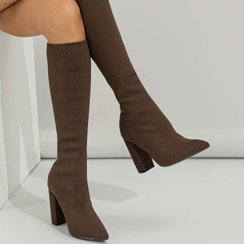 Women's Sock-Fit Knee-High Boots with High Block Heel