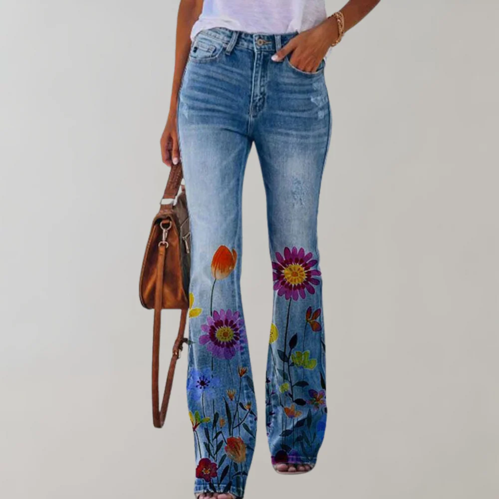 High-Rise Floral Print Flared Jeans for Women