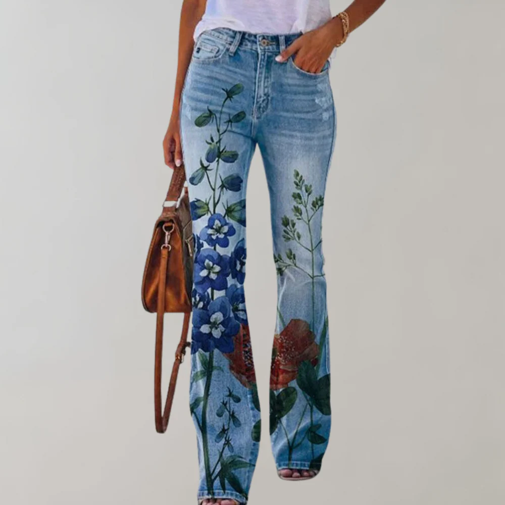High-Rise Floral Print Flared Jeans for Women
