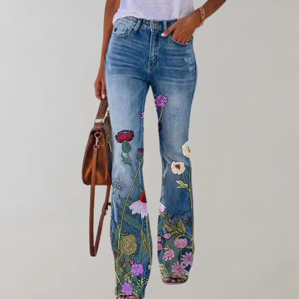 High-Rise Floral Print Flared Jeans for Women