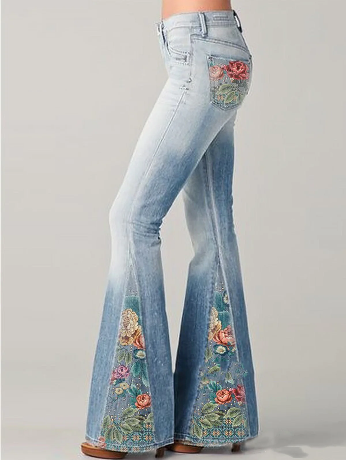 High-Waisted Ombre Floral Flared Jeans for Women