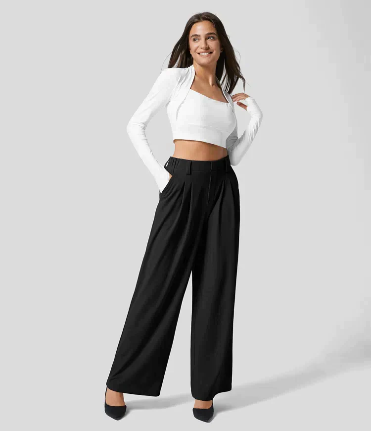 High-Waisted Wide Leg Pleated Work Trousers for Women