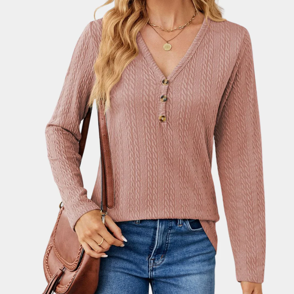 Women's Cable Knit Long Sleeve Top with V-Neck