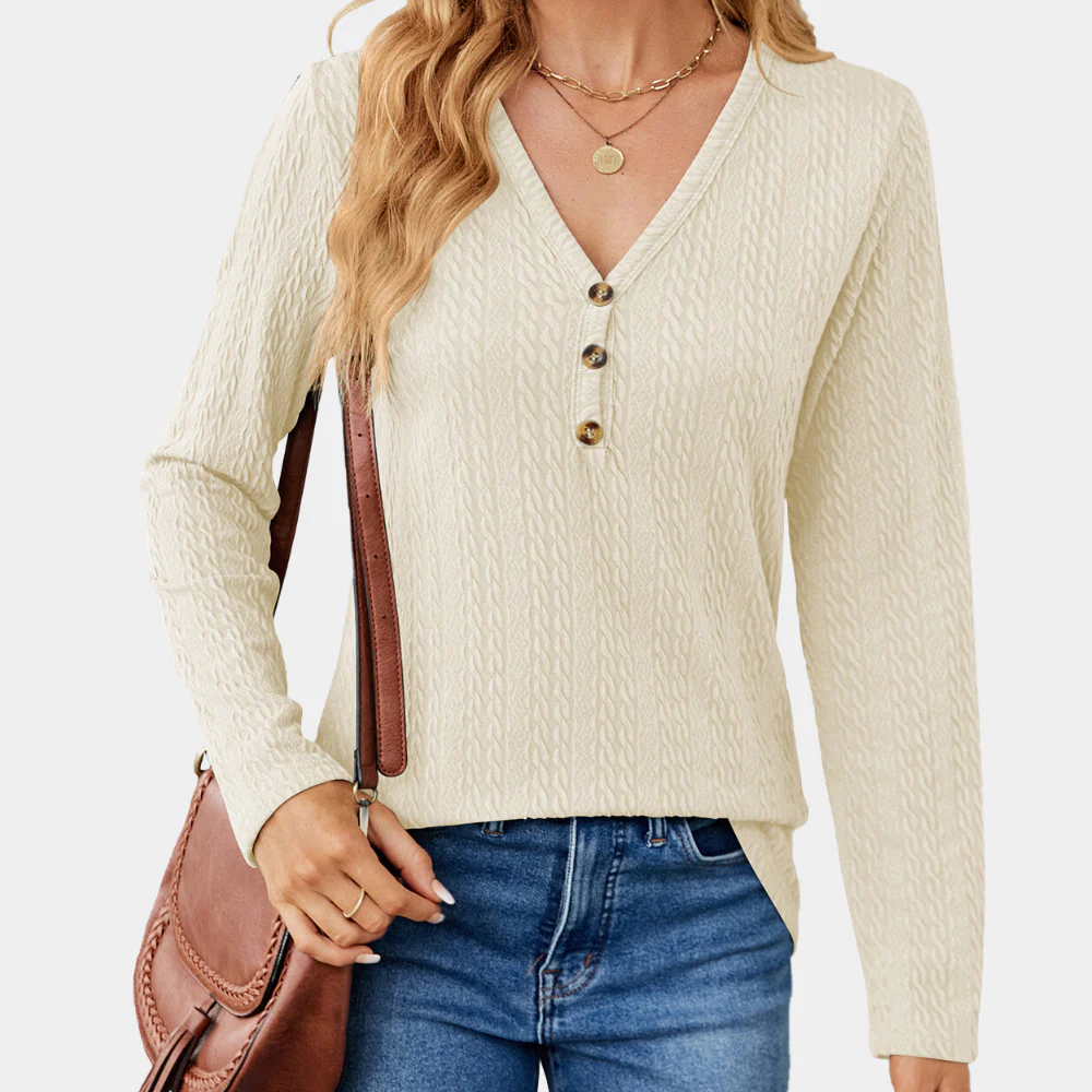 Women's Cable Knit Long Sleeve Top with V-Neck