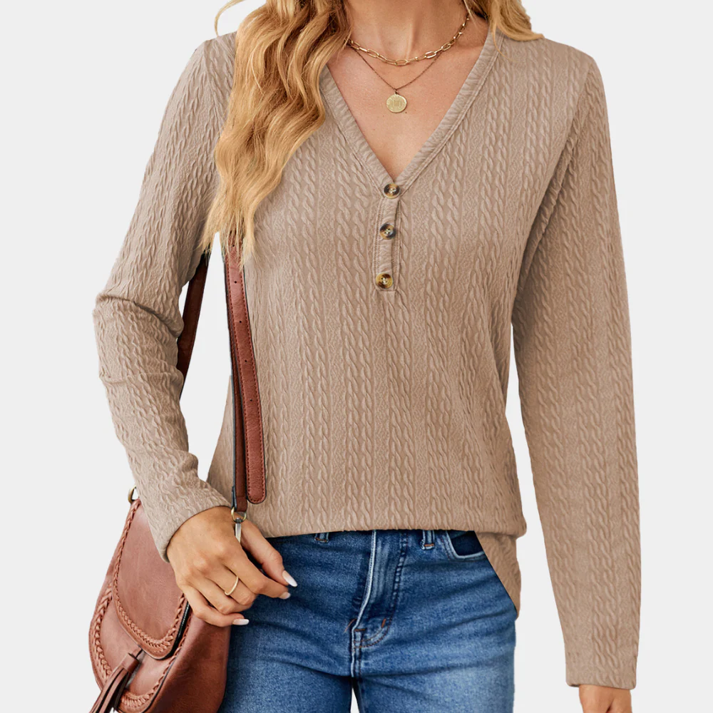 Women's Cable Knit Long Sleeve Top with V-Neck