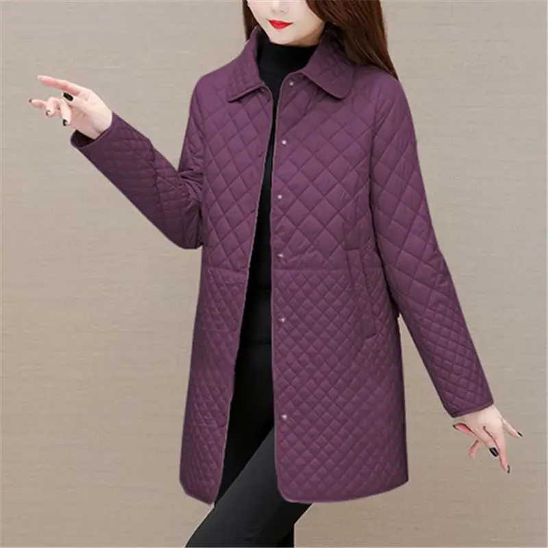 Women's Quilted Jacket with Fold-Down Collar and Button Front