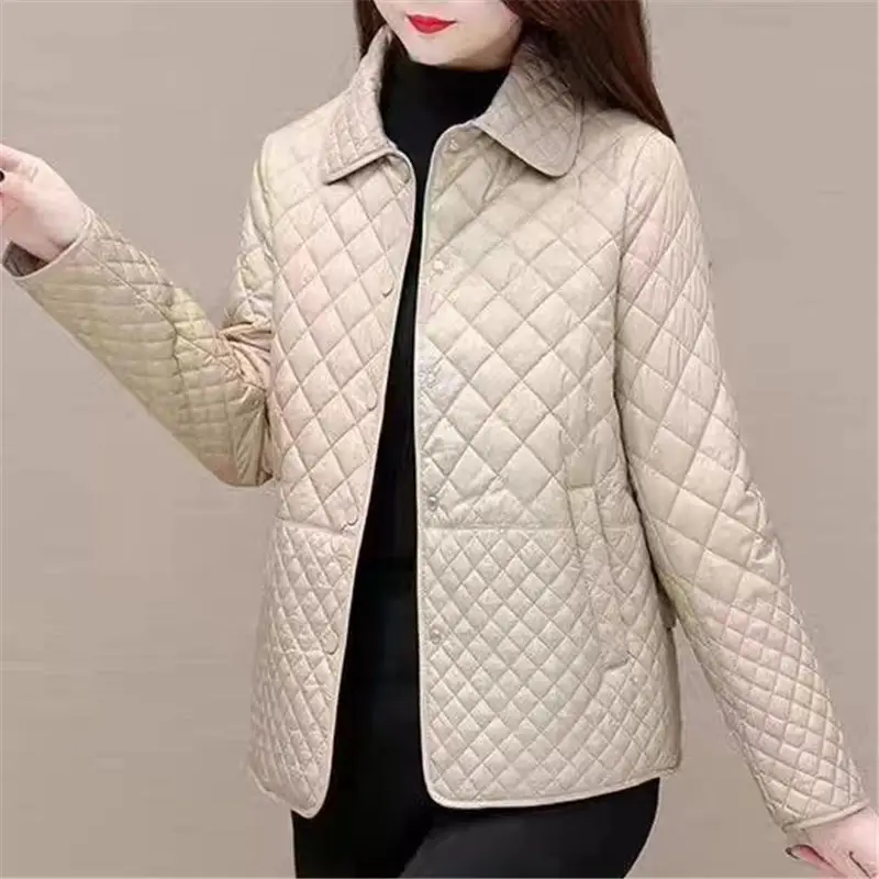 Women's Quilted Jacket with Fold-Down Collar and Button Front