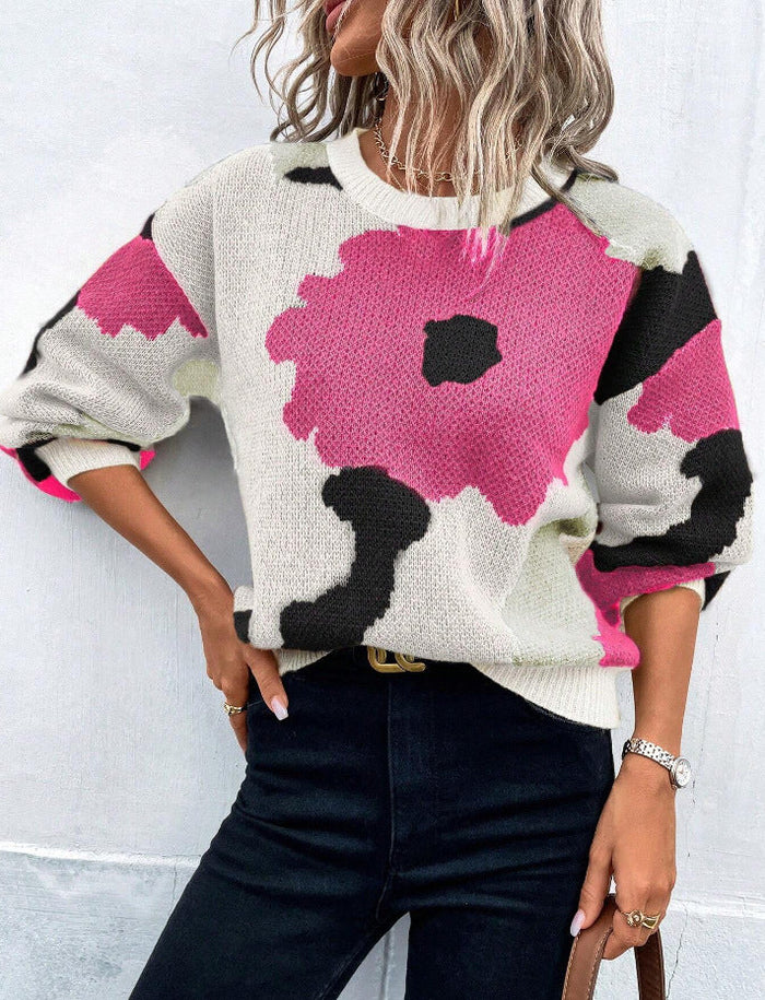 Women’s Patterned Knit Jumper with Round Neck and Balloon Sleeves