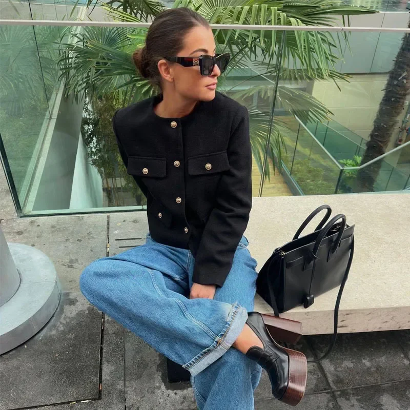 Women’s Cropped Bomber Jacket with Round Neck and Long Sleeves