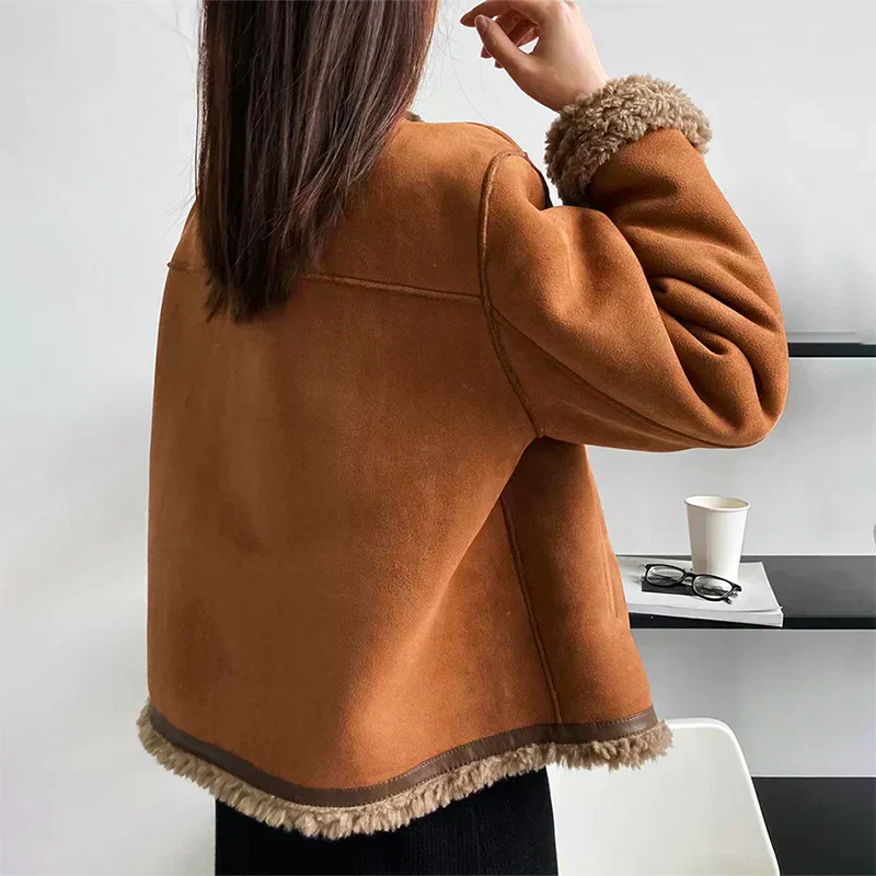 Button-Up Winter Jacket with Gold-Tone Buttons and Contrast Trim for Women