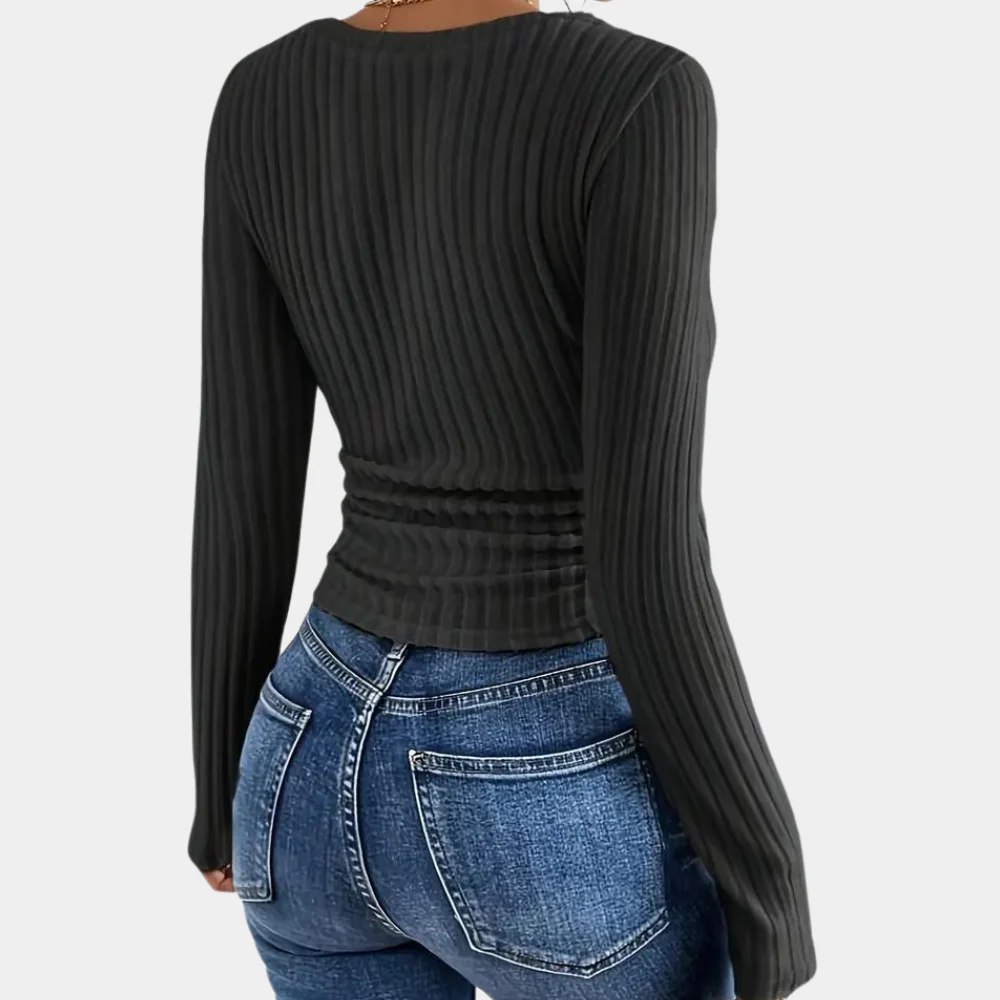 Women's Ribbed Slim-Fit Long Sleeve Top with V-Neck