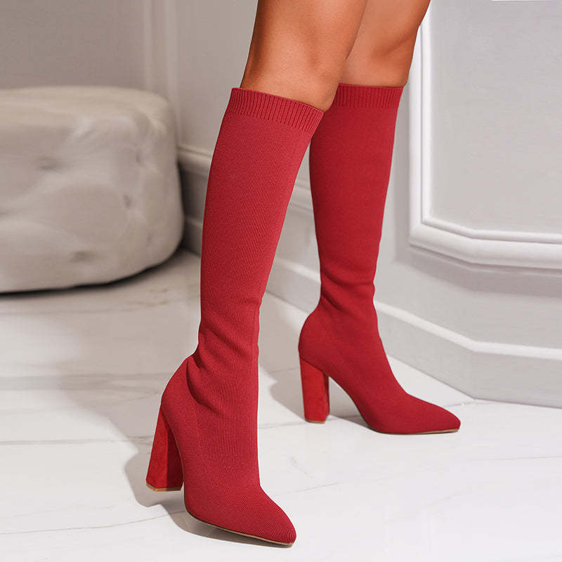 Women's Sock-Fit Knee-High Boots with High Block Heel