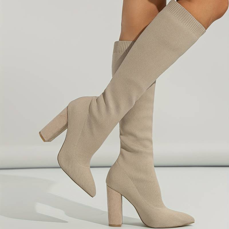 Women's Sock-Fit Knee-High Boots with High Block Heel