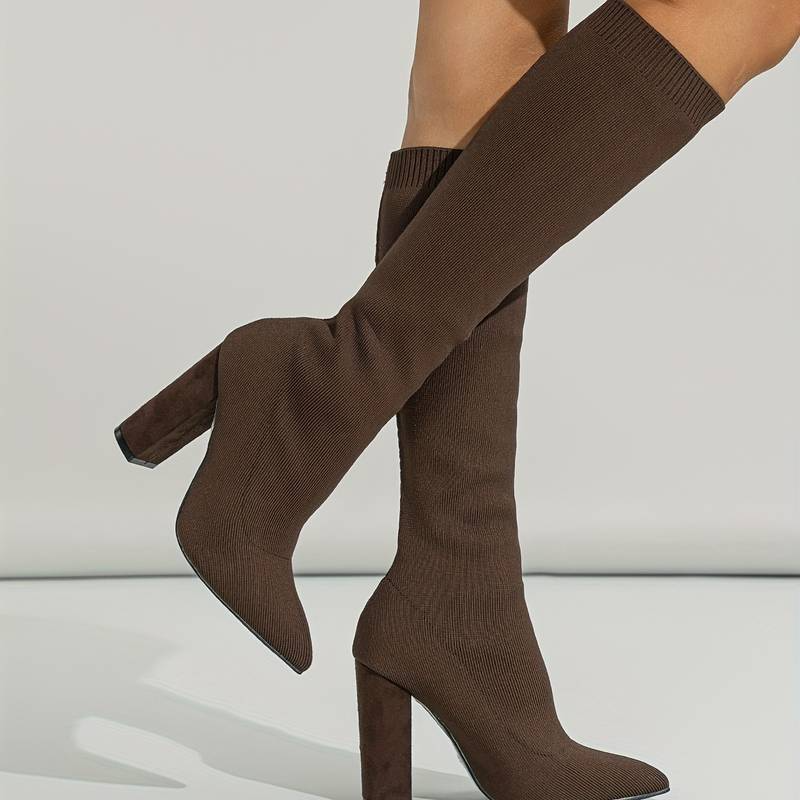 Women's Sock-Fit Knee-High Boots with High Block Heel