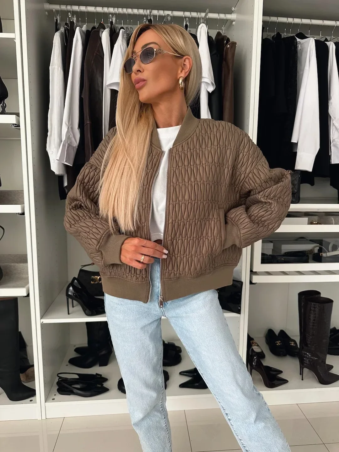 Women’s Quilted Bomber Jacket with Zip Front